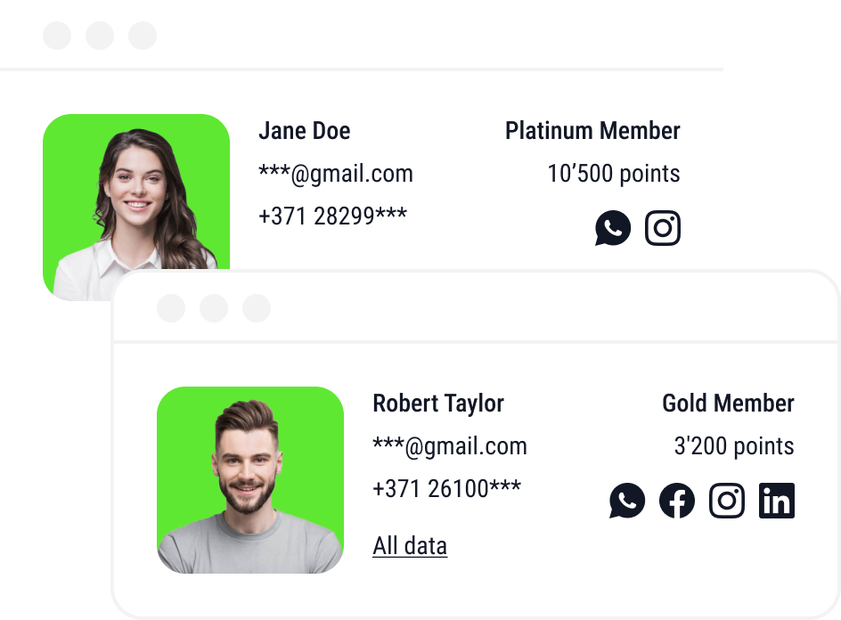 infographic - starting communication. two customer cards - 1. jane doe, patinum member, her picture, e-mail, phone, whatsapp and instagram icons. 2. robert taylor, gold member, his picture, email, whatsapp, facebook, instagram and linkedin icons