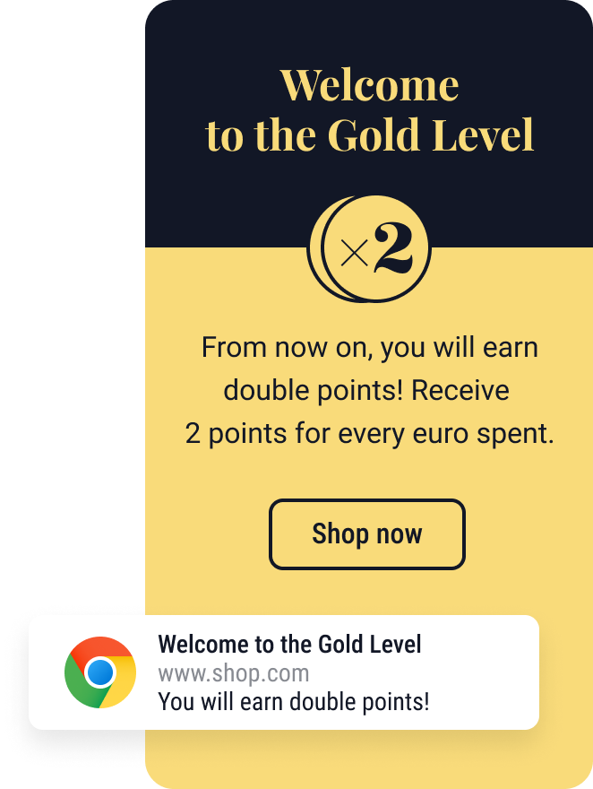 infographic - loyalty program. A message is displayed that the customer has reached gold level and will continue to earn two points for every euro spent. the image also has a google popup notification.