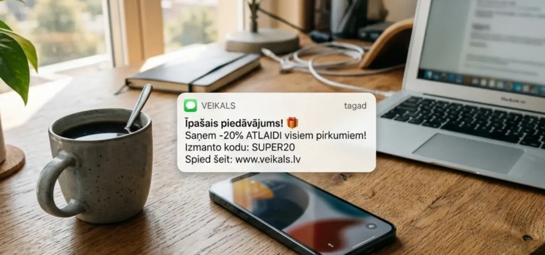 Uz tālruni atnākusi SMS ziņa ar īpašu piedāvājumu un akcijas kodu