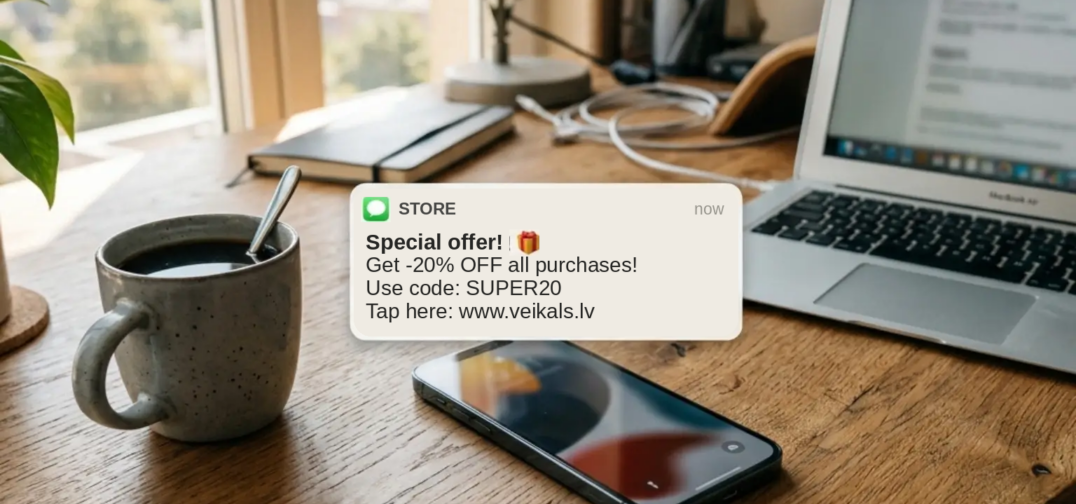 SMS promotional notification with a discount code shown above a smartphone on a wooden desk next to a coffee mug and a laptop