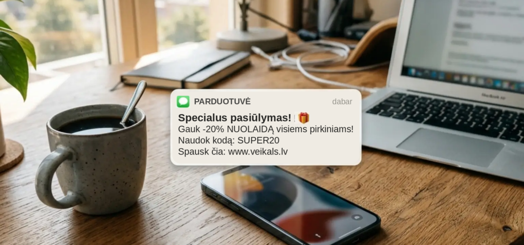 SMS reklaamteavitus sooduskoodiga nutitelefoni kohal puidust laual koos kohvitassi ja sulearvutiga